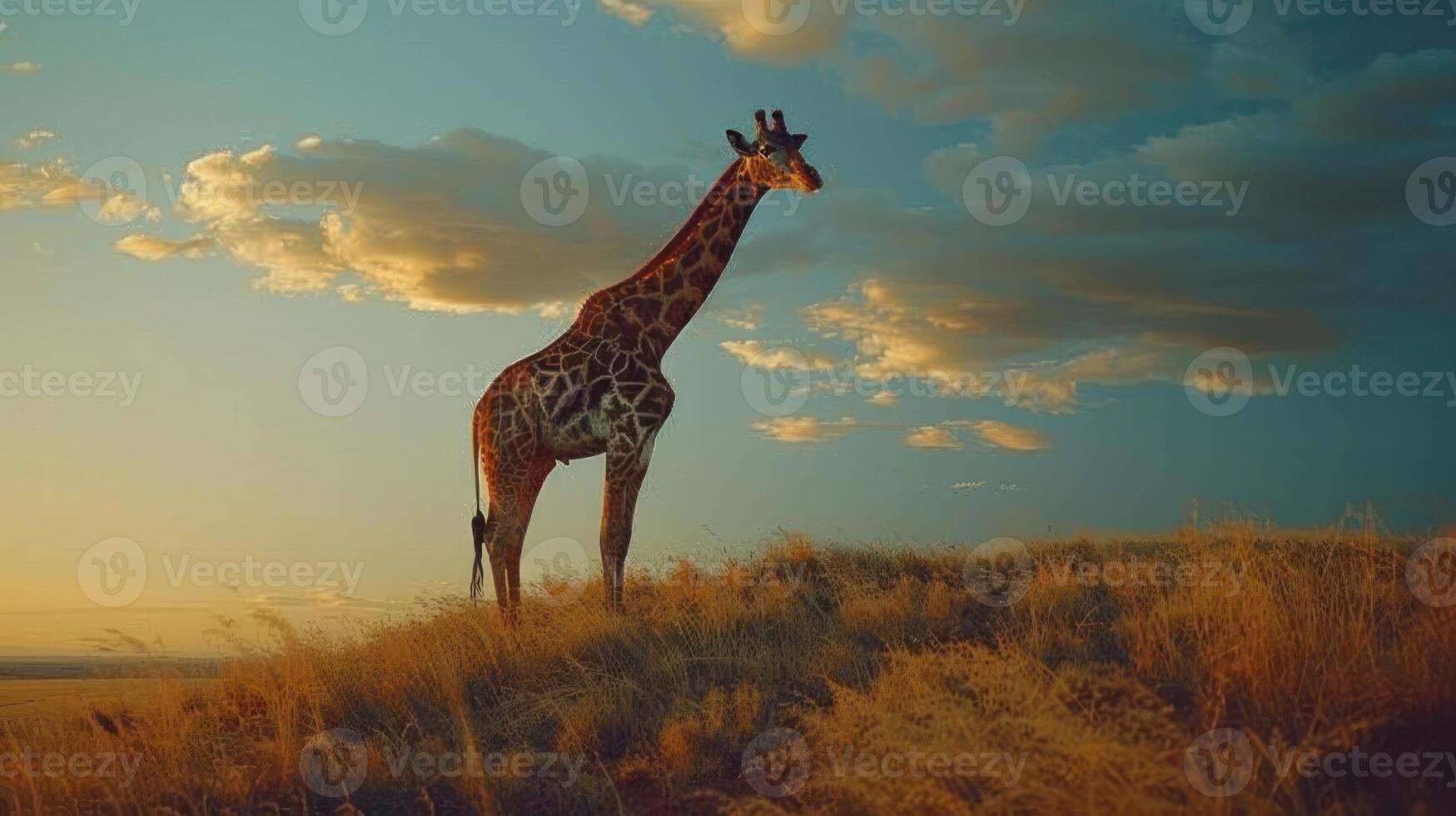 an image of a giraffe standing in the grass at what appears to be either dawn or dusk, photo