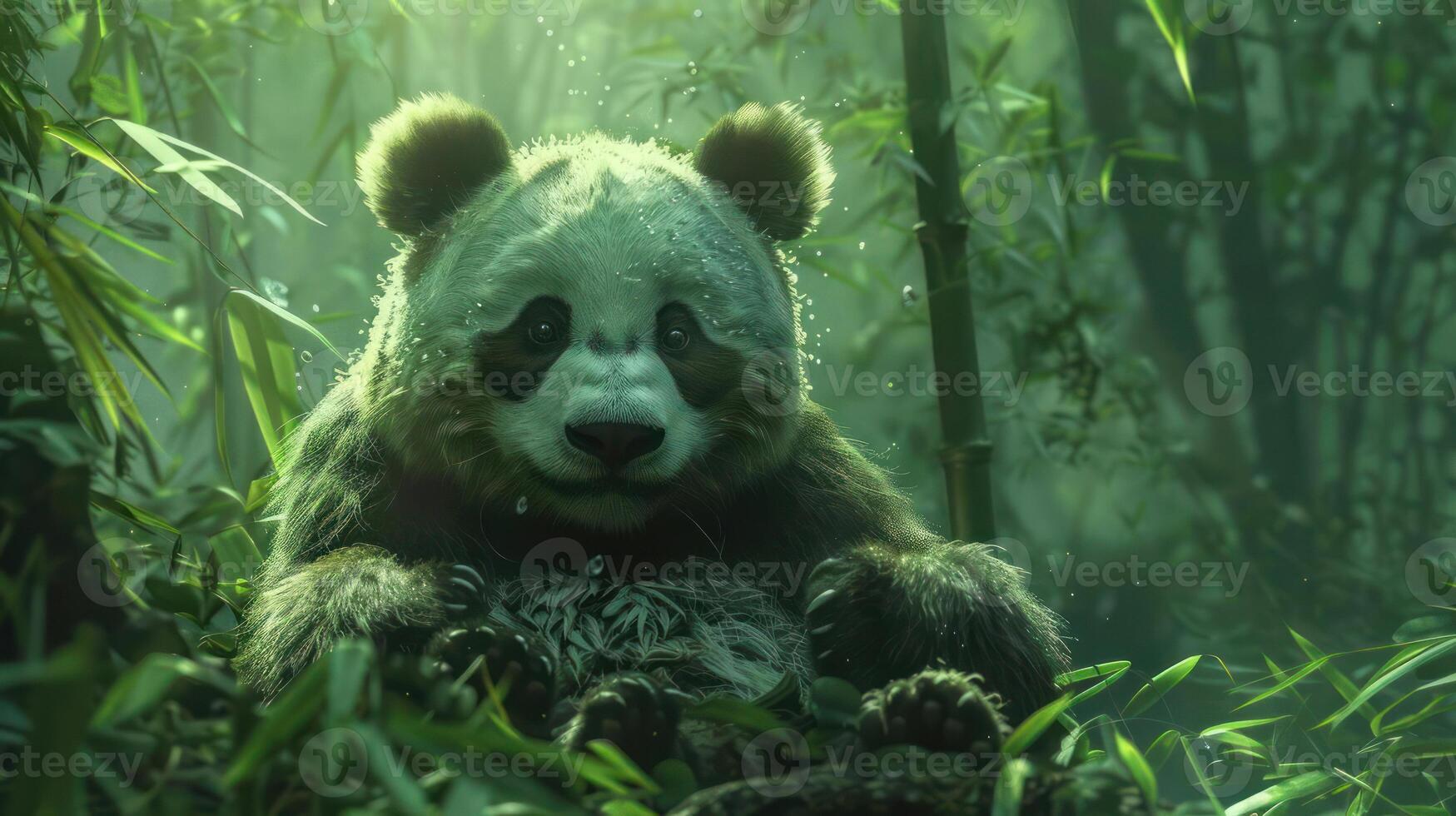 Cute cartoon panda bear sitting amidst bamboo and verdant greenery in lush jungle setting. photo