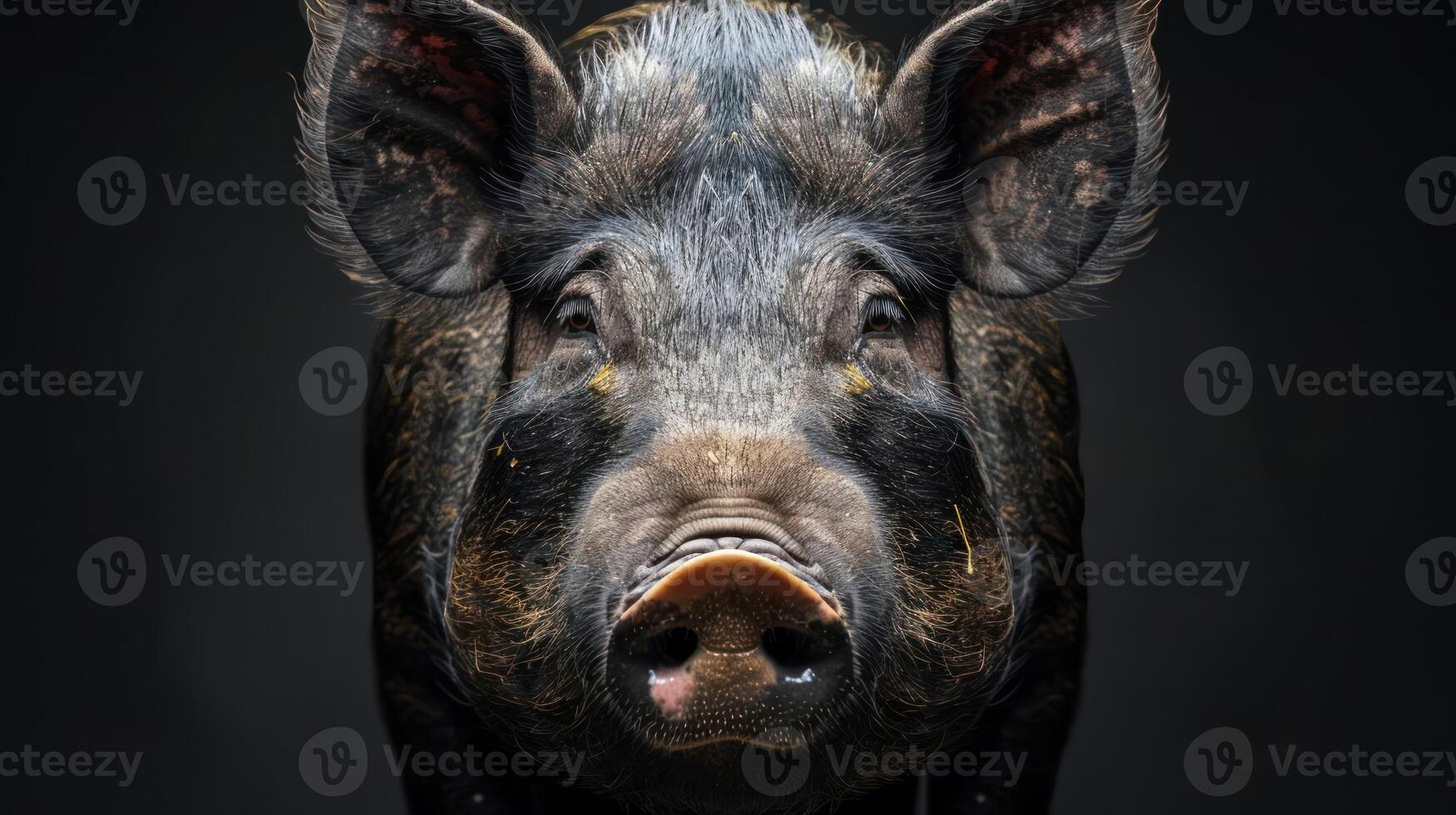 A close-up shot of a decorated pig with a large tattoo on its snout. photo