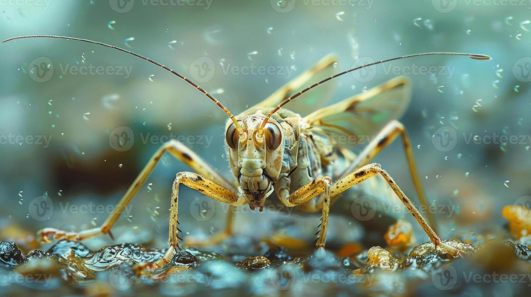 A close-up photograph of a cicada bug, showcasing its wing pattern and colorful details. photo