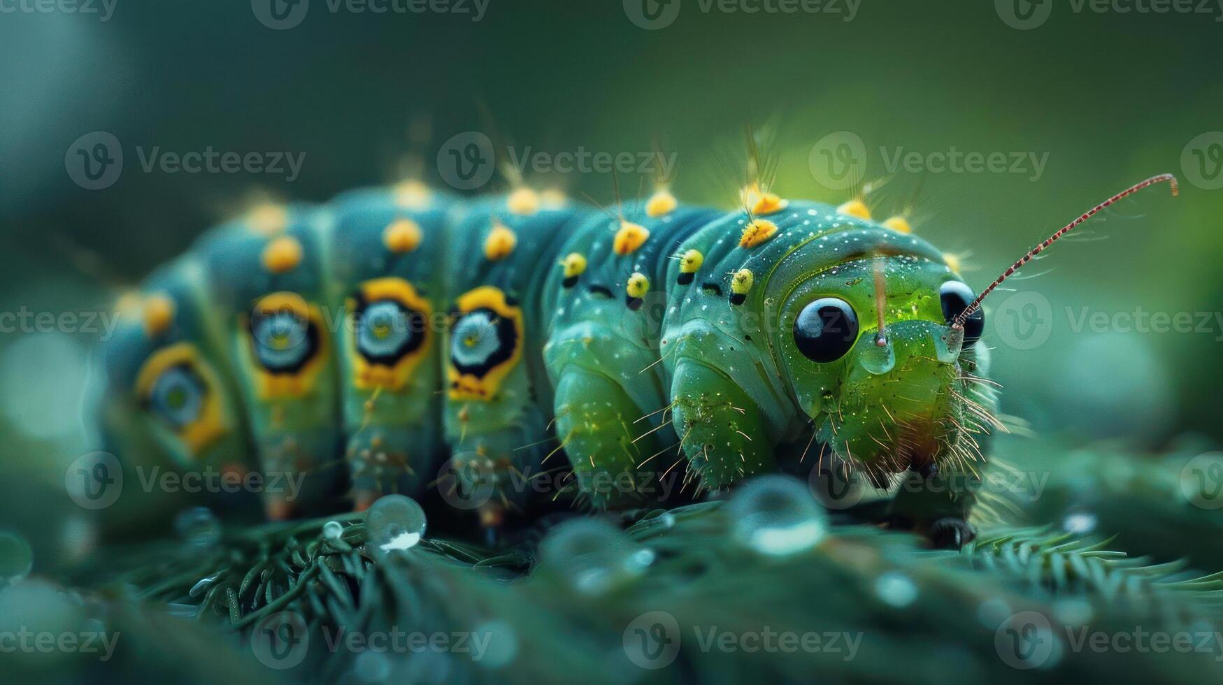 Close-up of a colorful green caterpillar crawling on pine needles. photo