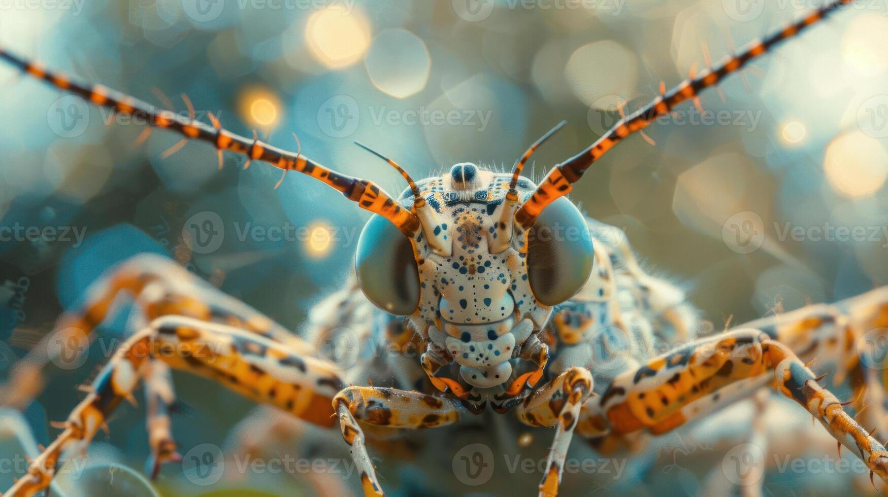 A close-up image of two insects on a plant with a focus on their colorful and detailed exteriors. photo