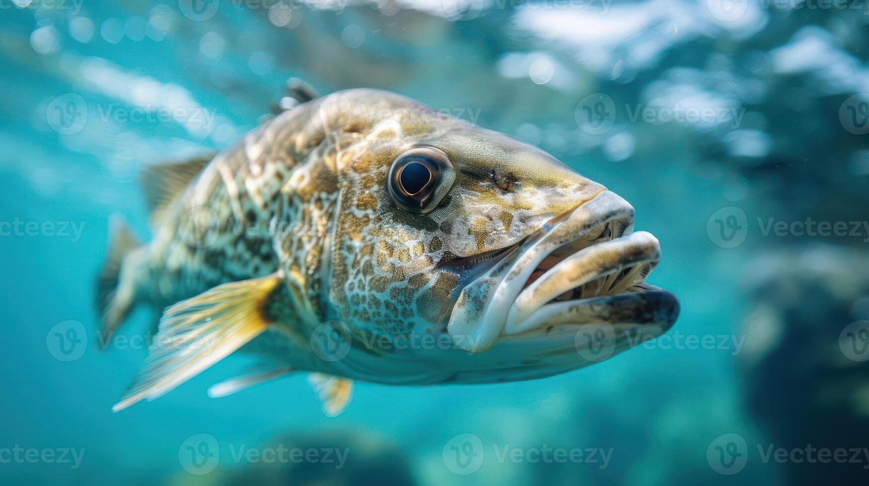 Underwater photograph of two reef fish, a barracuda and possibly some sharks, photo