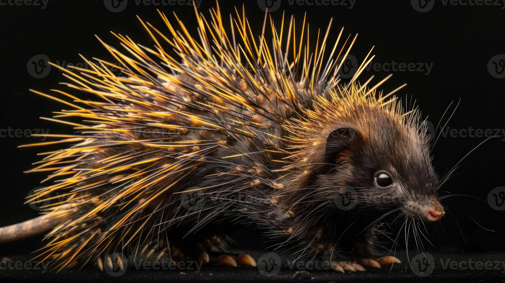An up close photograph of a spiky hedgehog with many golden quills. photo