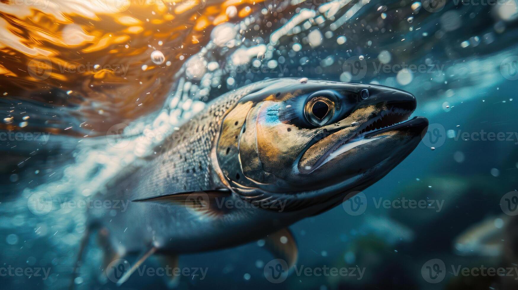A close-up image of a salmon swimming underwater, surrounded by seaweed and bubbles. photo