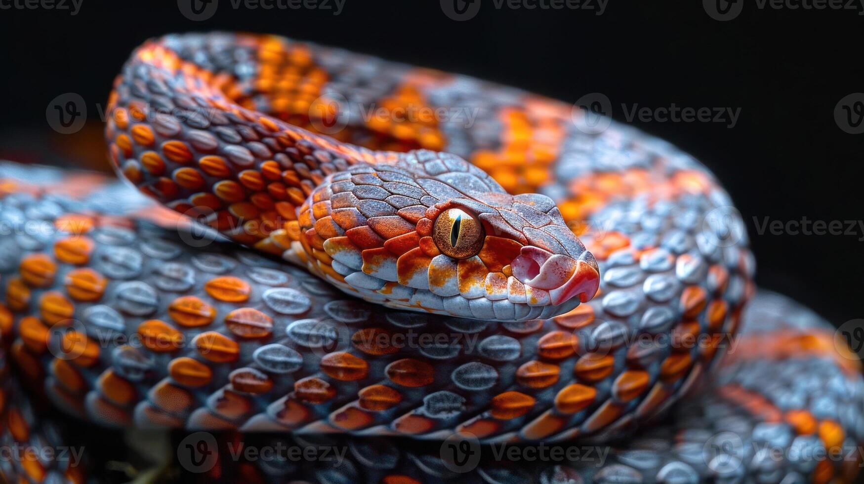 A close-up image of a snake's head displaying its vivid and intricate color pattern, photo