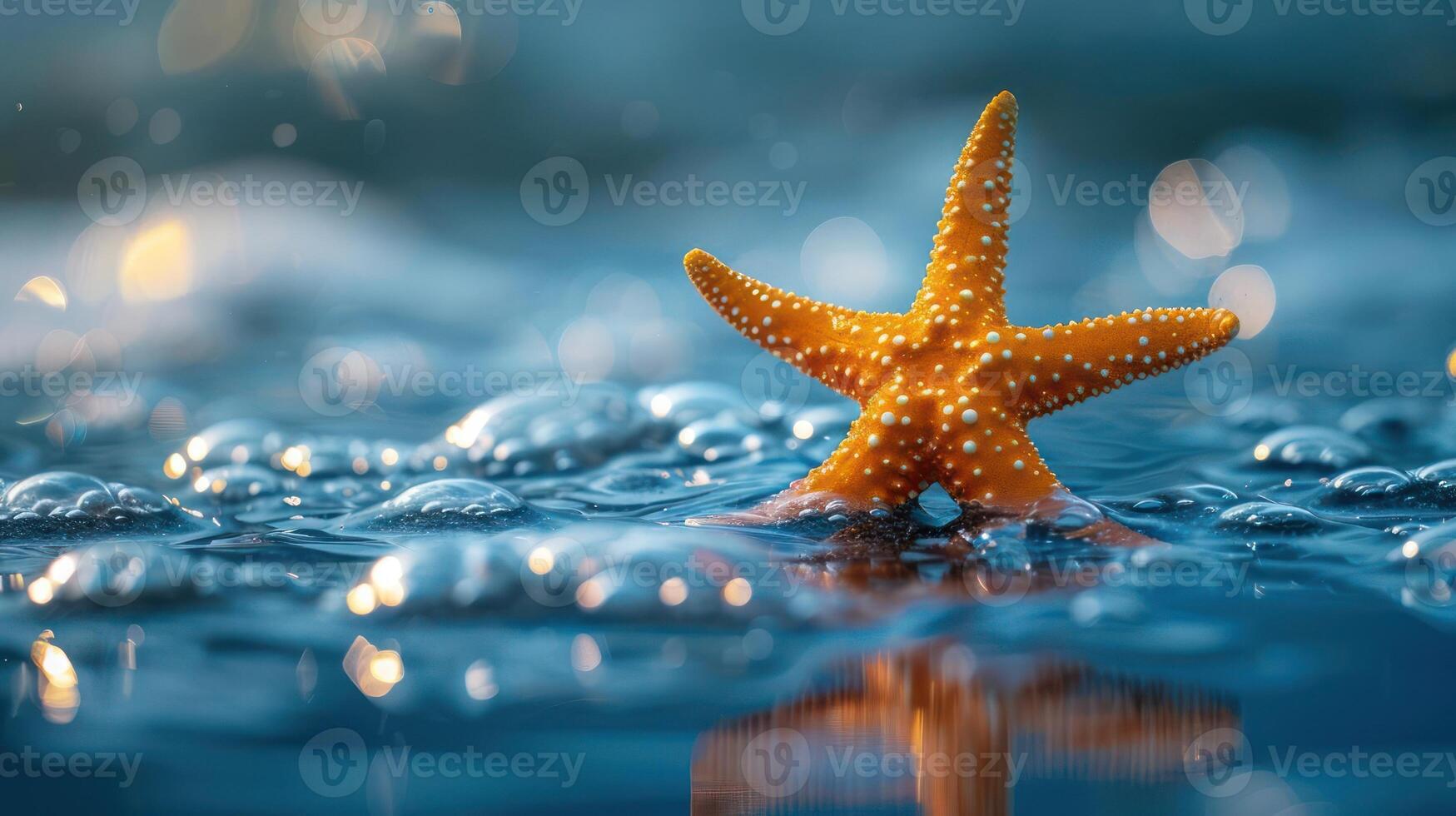 A starfish with its arms spread out in the water, surrounded by drops and possibly rain. photo