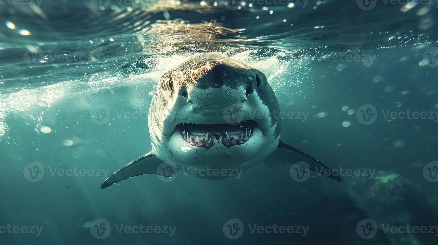 Underwater photo of a shark swimming past, showing its teeth and expression.