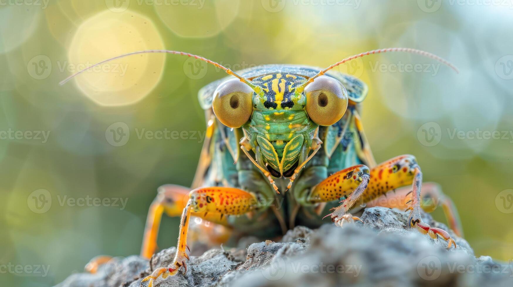 Close-up image of a vibrant green and red bug with yellow markings on its wings, photo