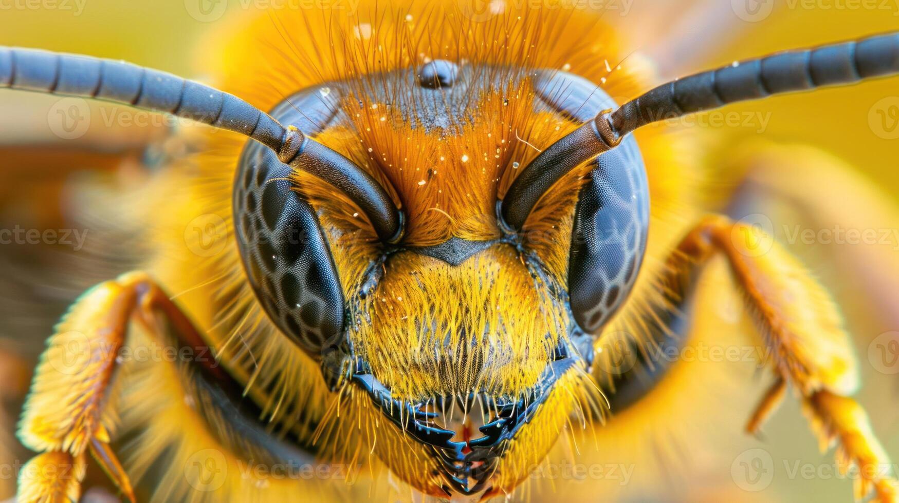 A close-up photo of a yellow and black bee, with its face visible.