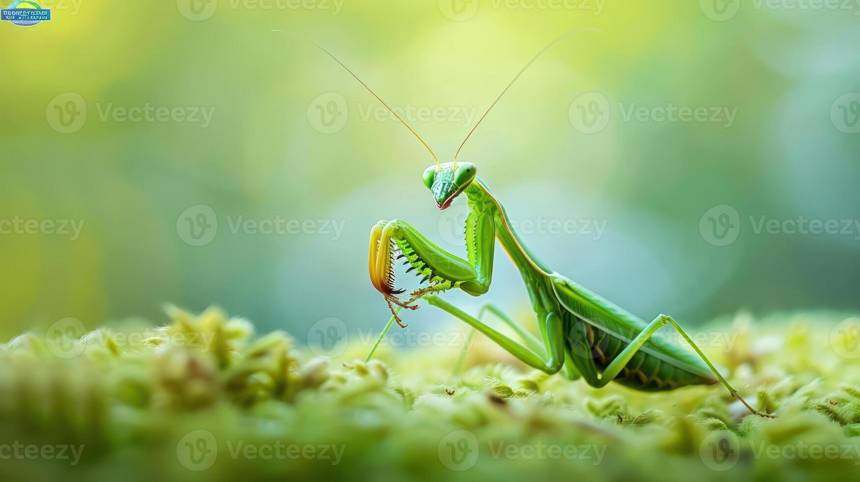 A close-up of a green praying mantis with its mouth open, photo