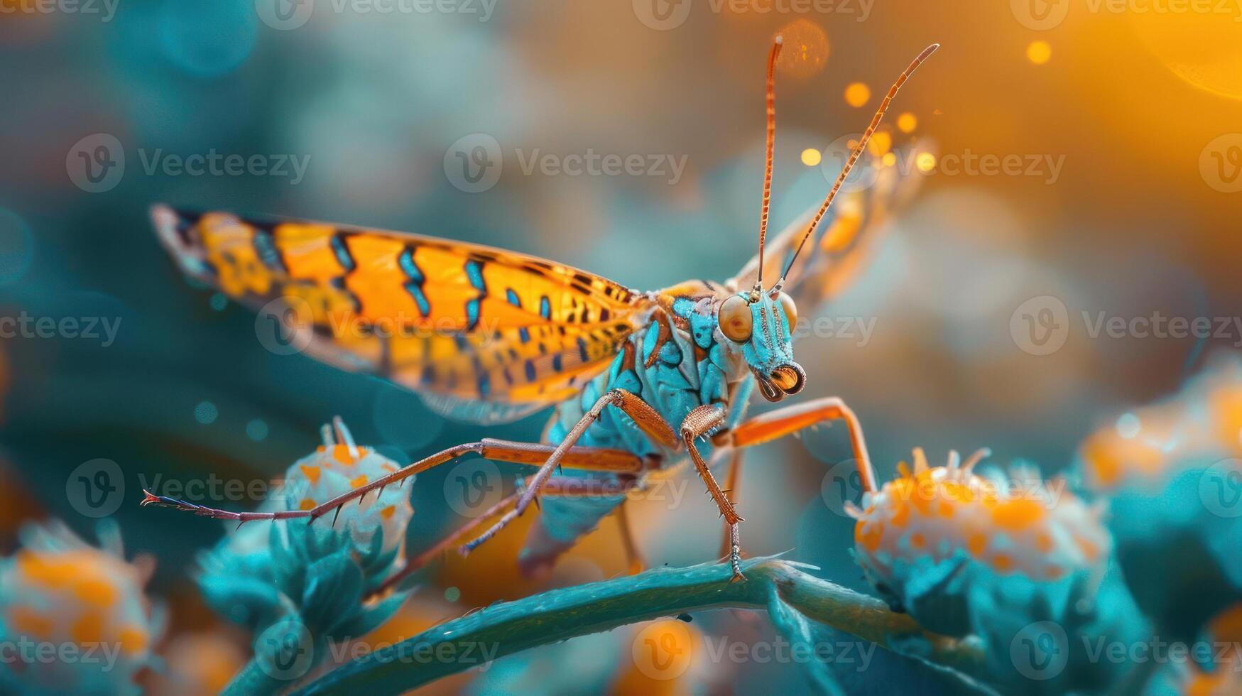 A close-up of a vibrant, multicolored cupid's butterfly in full flight over colorful flowers. photo