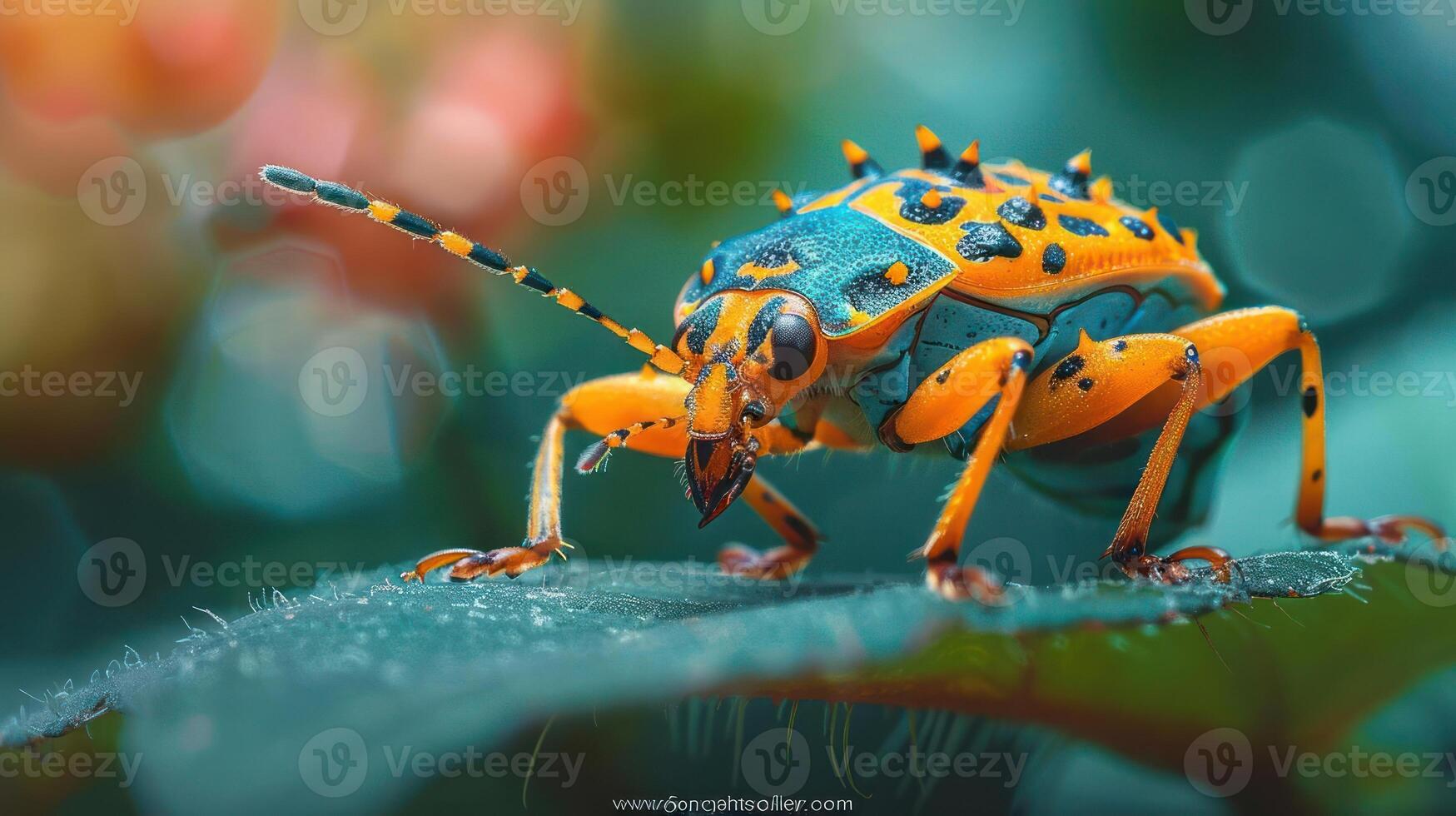 a close-up photo of a vibrant, colorful insect with orange and blue hues.