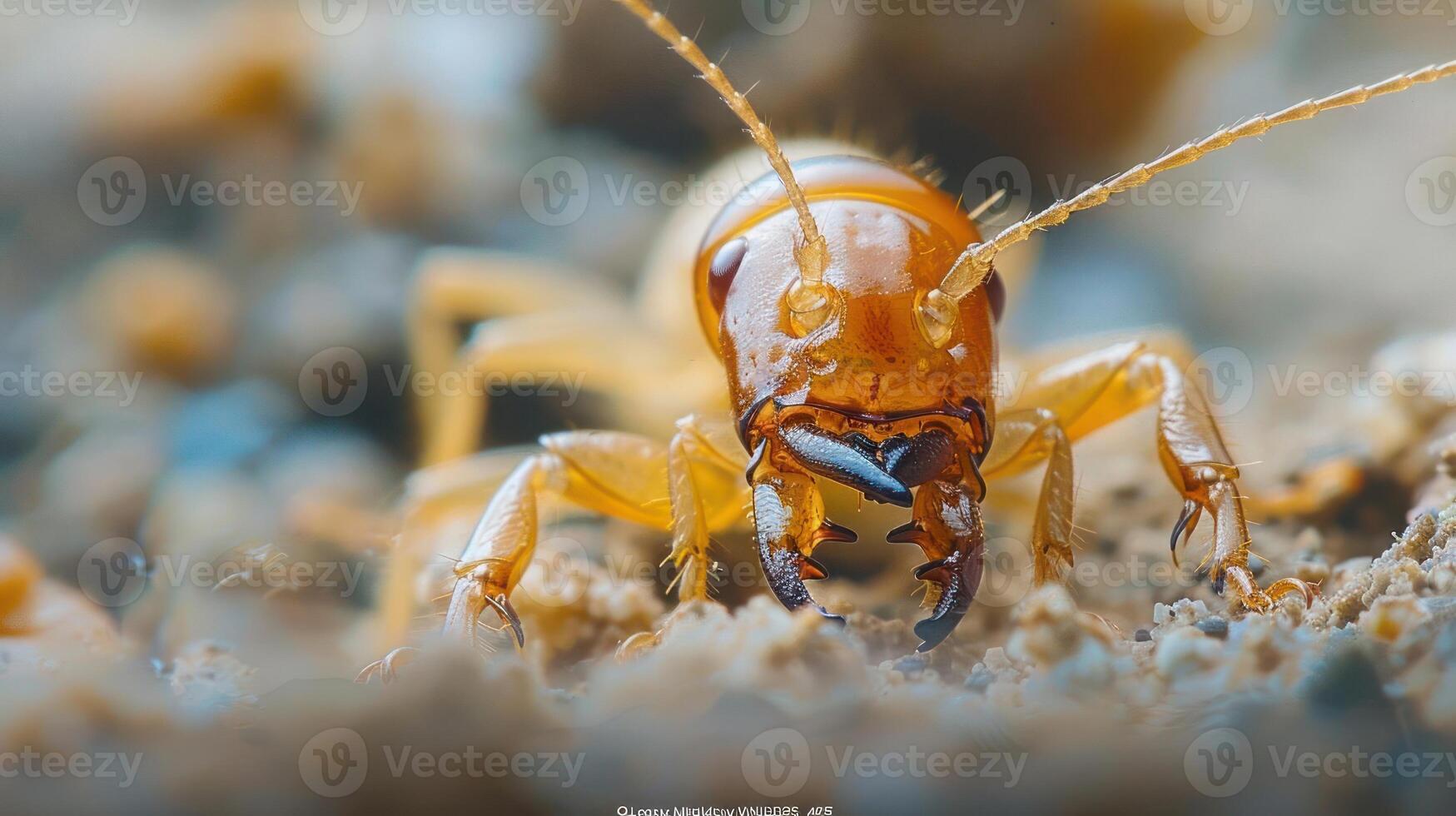 Close-up of a beetle on dirt ground, captured with macro photography. photo