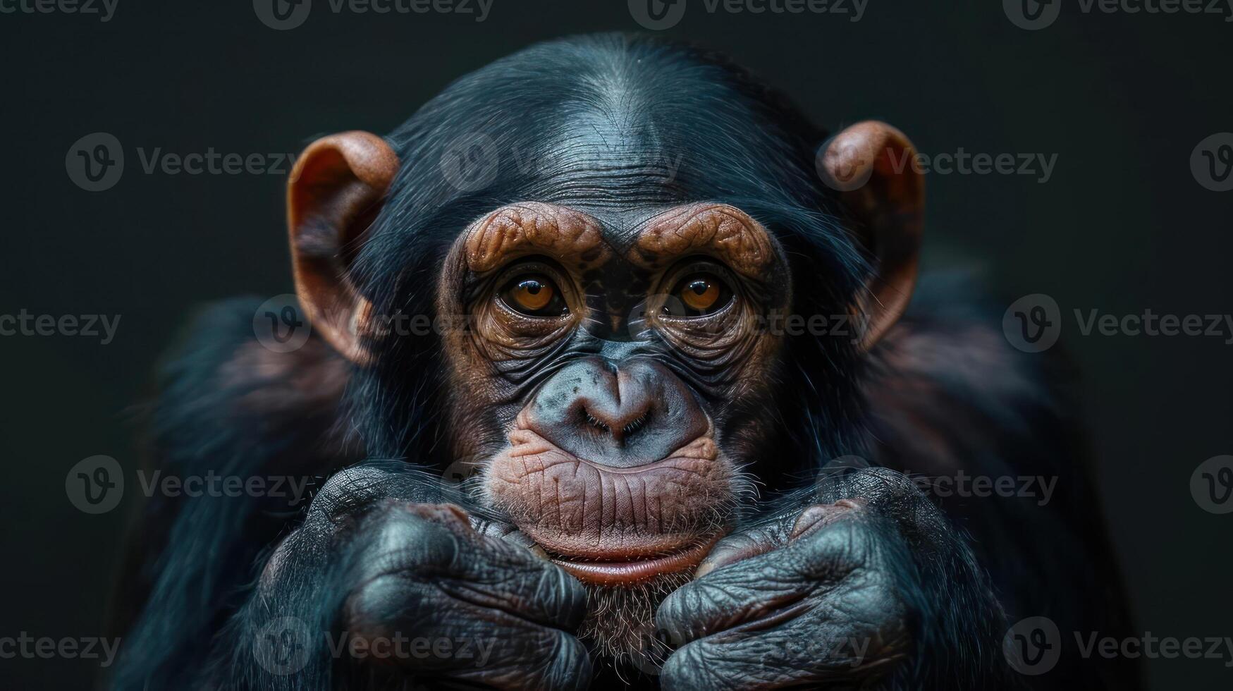 Close-up of a monkey with sad eyes, seemingly pondering something. photo