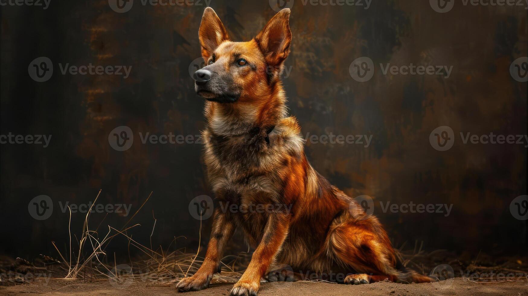 A large dog with multicolored markings is captured in a professional studio setting. photo