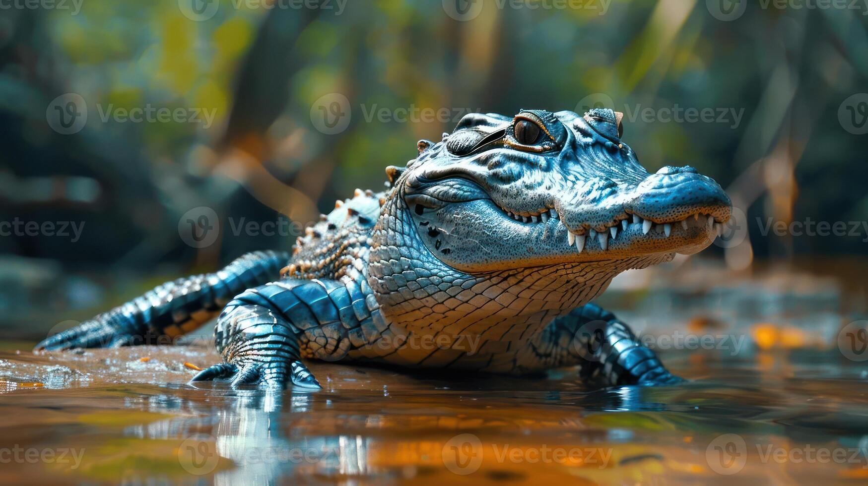 A crocodile swimming through shallow water. photo