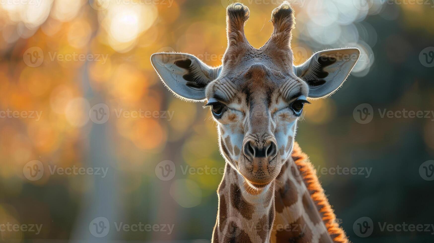 A giraffe stands among trees with fall foliage, looking towards the camera with a calm demeanor. photo