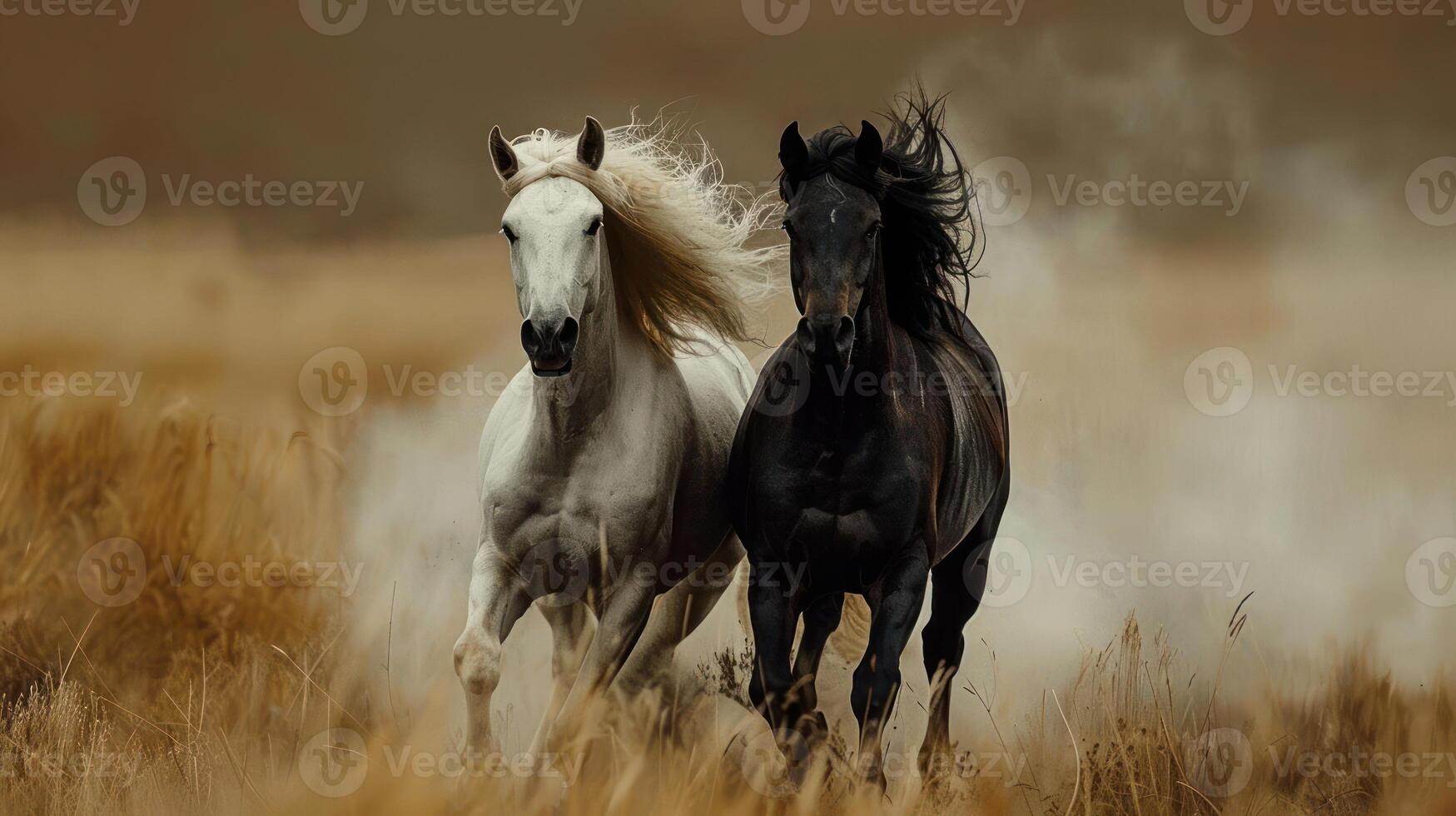 Two wild horses galloping side by side in a dusty field, photo