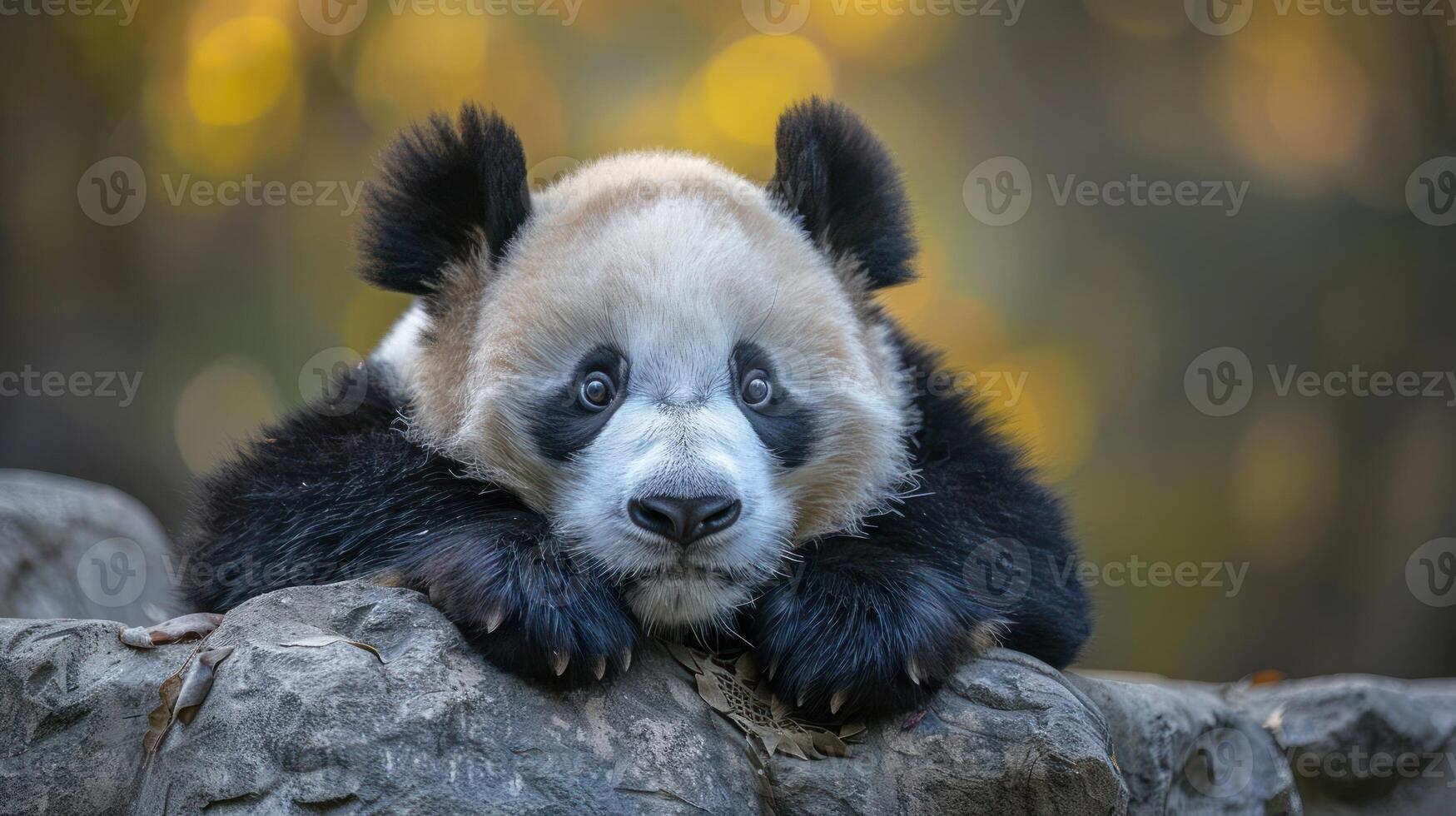A young panda bear leans against a rock with its arms outstretched, photo