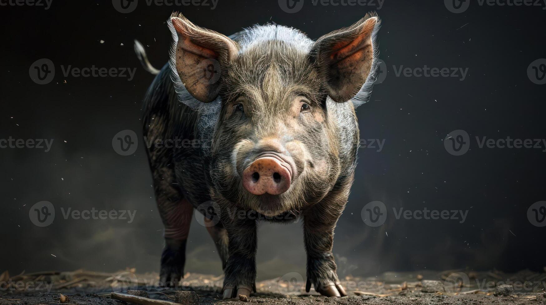 A close-up image of a pig standing with its head turned to the side, displaying its profile. photo