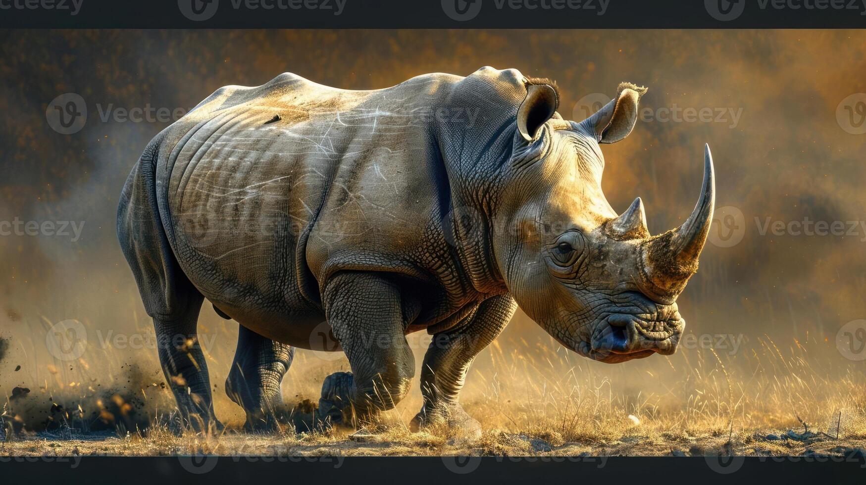 A trio of rhinos gallop across a savannah landscape, with one looking back, photo