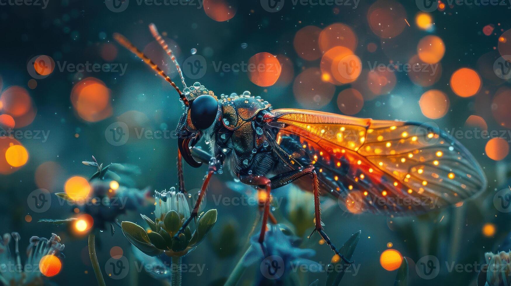 An iridescent, glowing moth perched on a leaf, photographed in low light with bokeh lights, photo