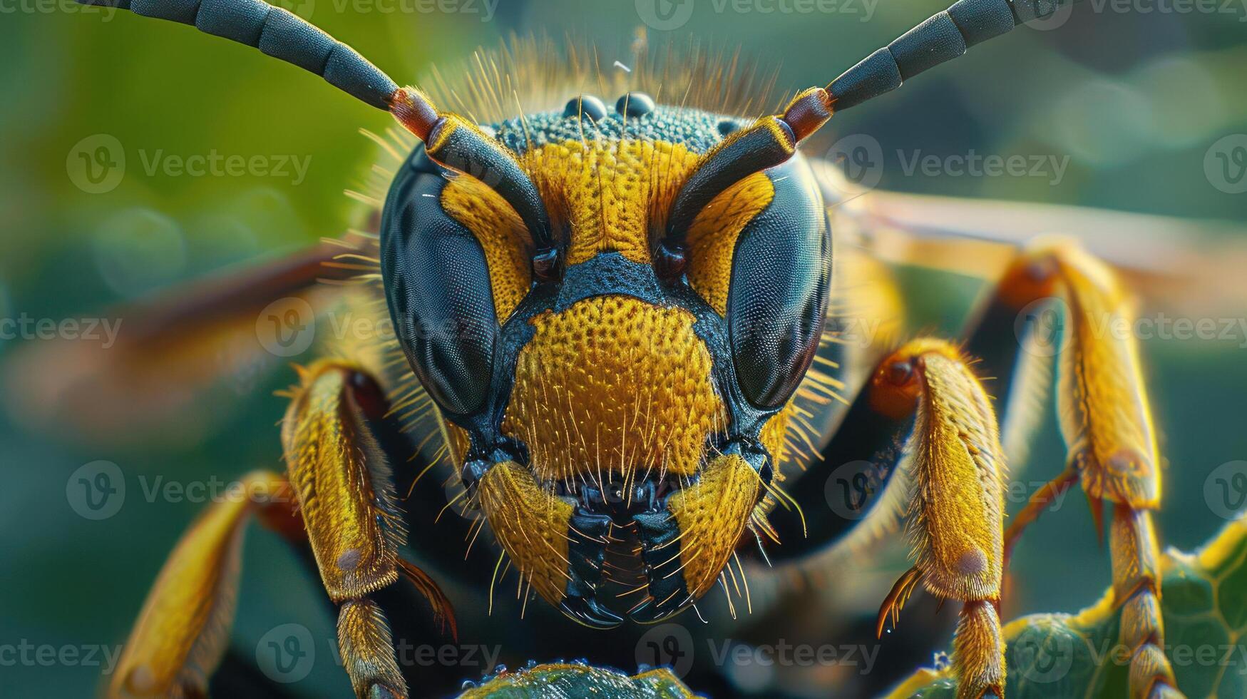 Up close image of a yellow and black Japanese giant hornet, photo