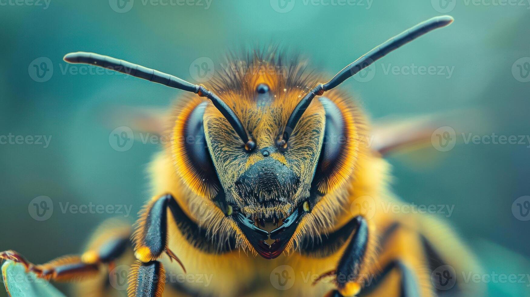 A bee with black eyes and a brown body, showing a detailed view of its face and antennae. photo