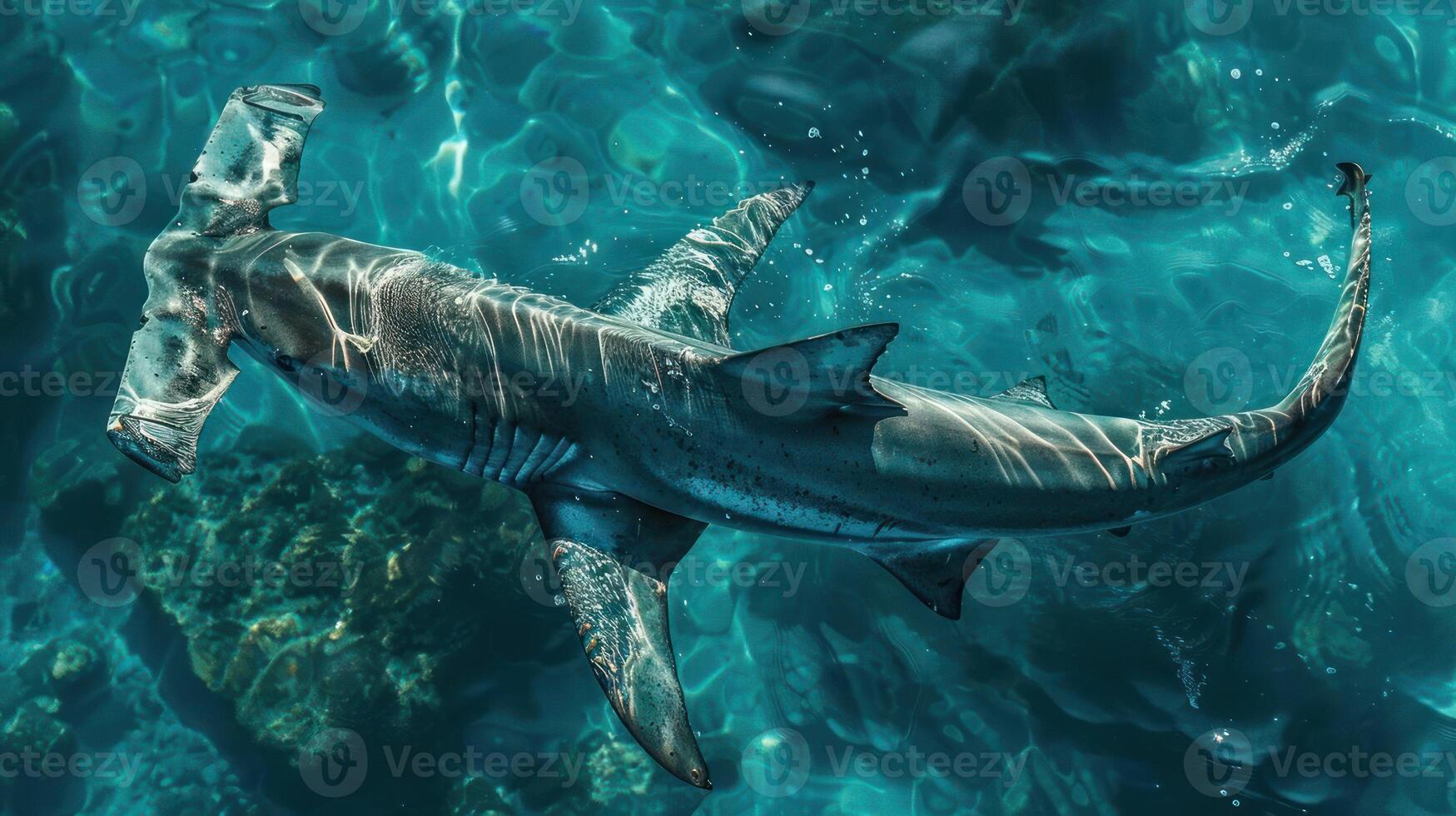 A black and white shark swimming in the ocean underwater. It is captured mid-stride, photo