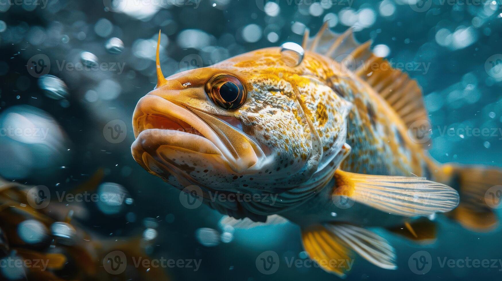 An underwater coral reef with a small fish swimming in front of it. photo