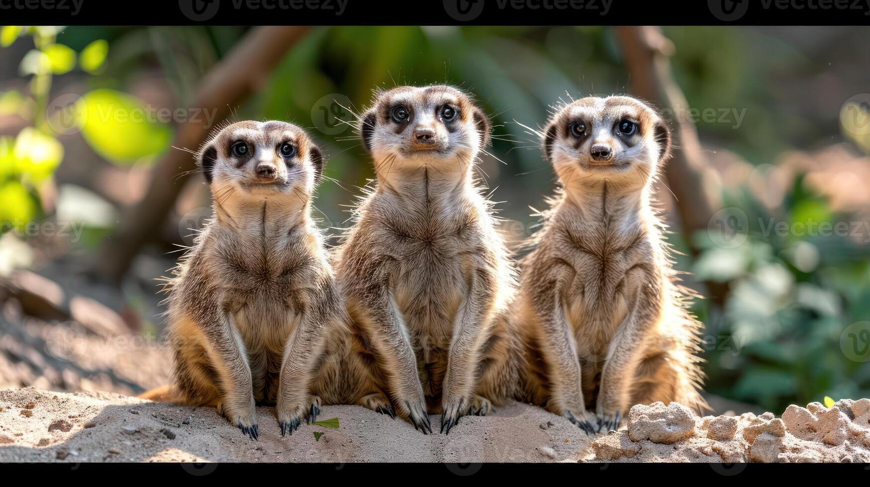 A trio of lemurs sits together, posing for the camera. photo