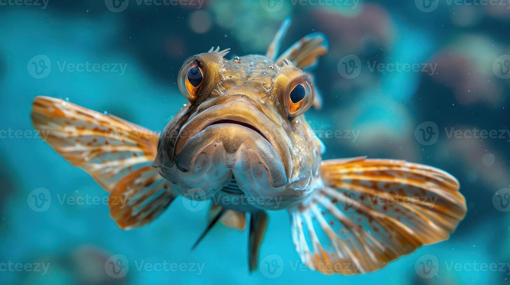 Closest shot of an angry fish, possibly a moray eel, swimming in blue water. photo