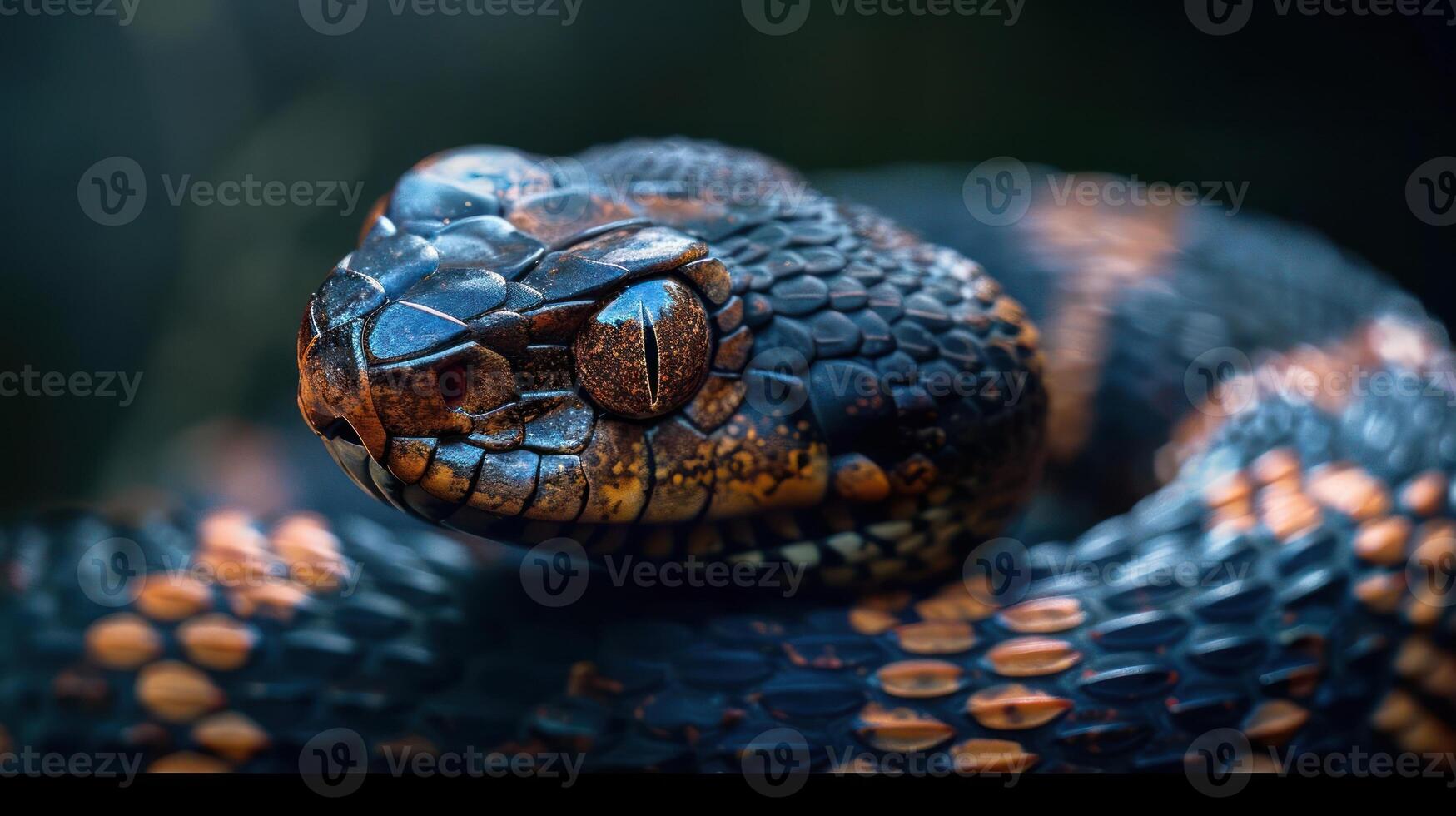 Pit viper, also known as a rattlesnake, sitting calmly with its head raised and tongue flicking. photo