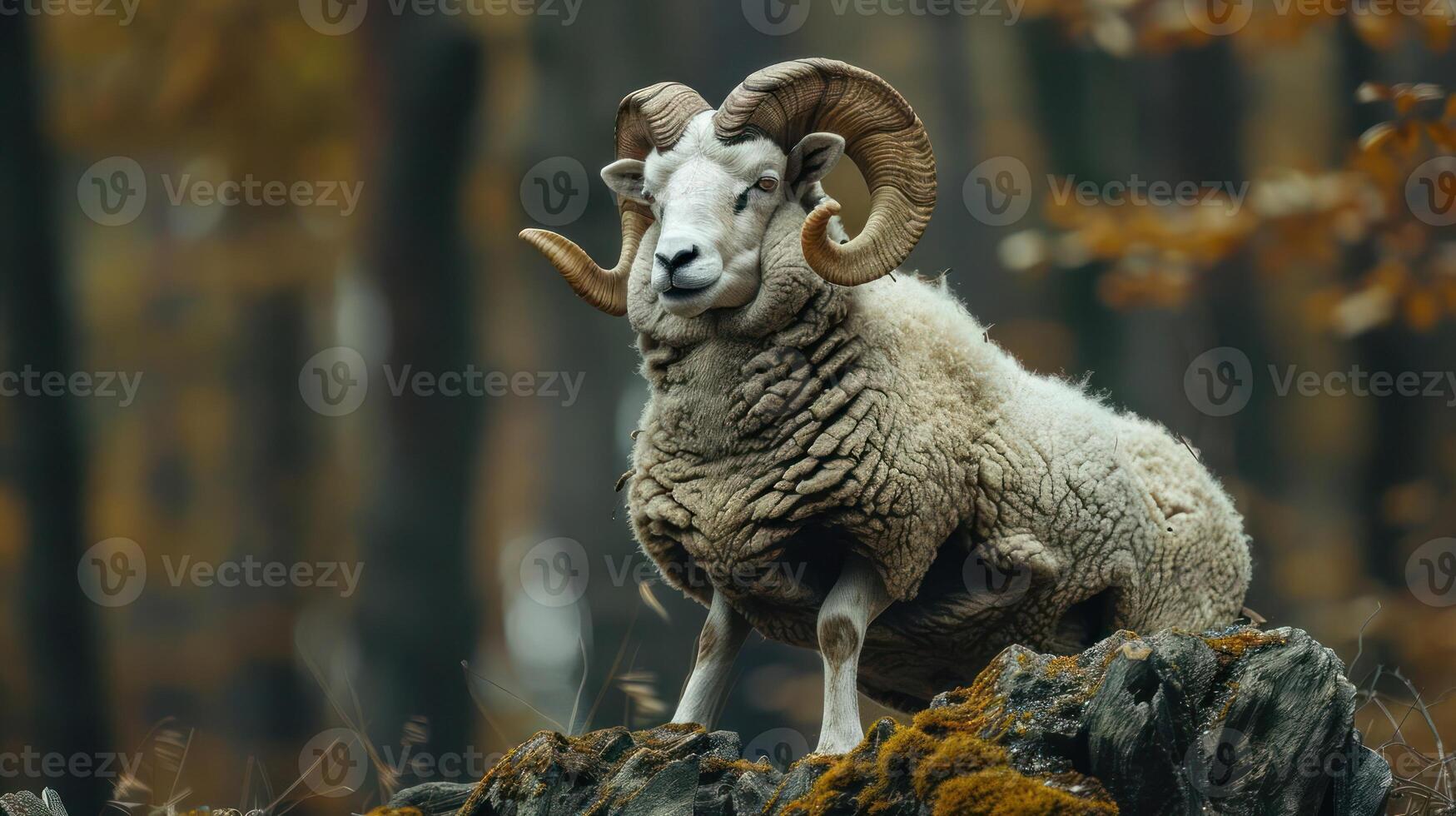 An adult male longhorn sheep with thick, photo
