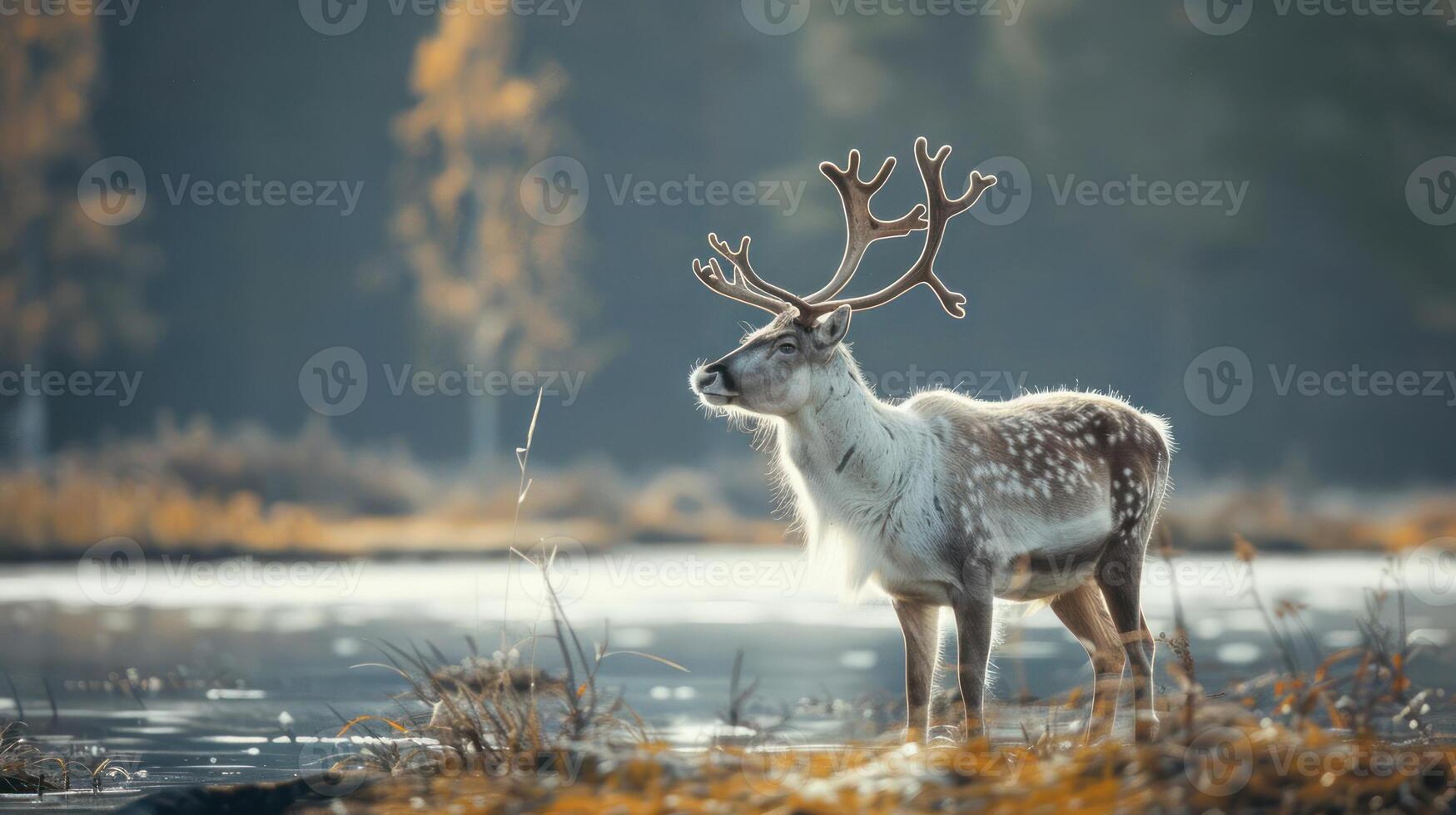 A beautiful image of a reindeer standing in the woods by the lake. photo