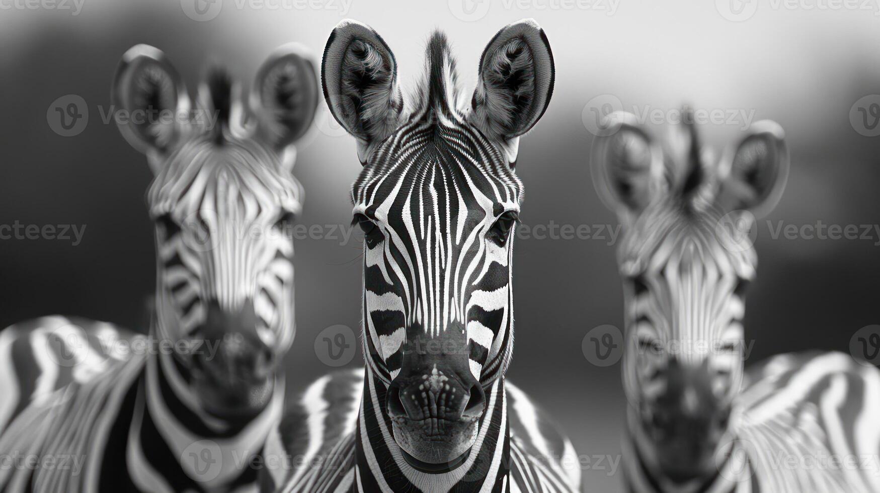 Three zebra heads with black and white stripes facing the camera, arranged in a triptych style. photo