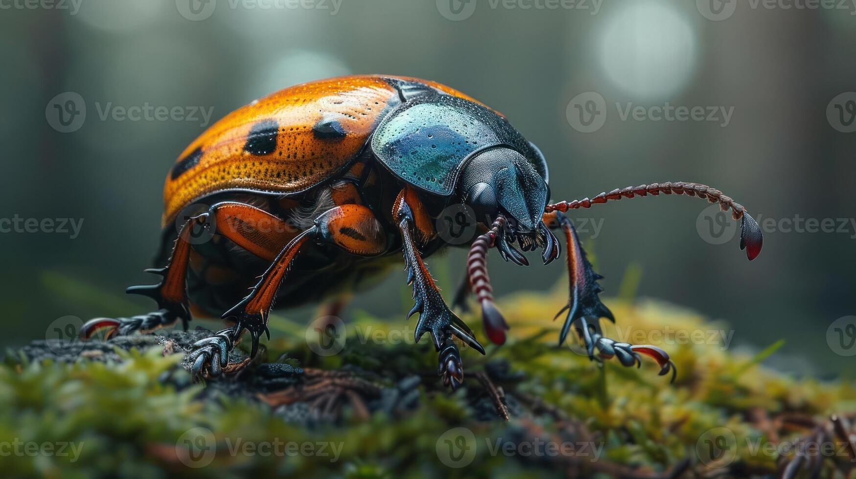 A beetle on a tree trunk in the wild with its colorful wing and legs. photo