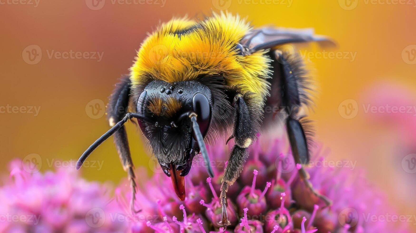 a close-up of a bee on a vibrant purple flower, likely seeking nectar or other food sources. photo