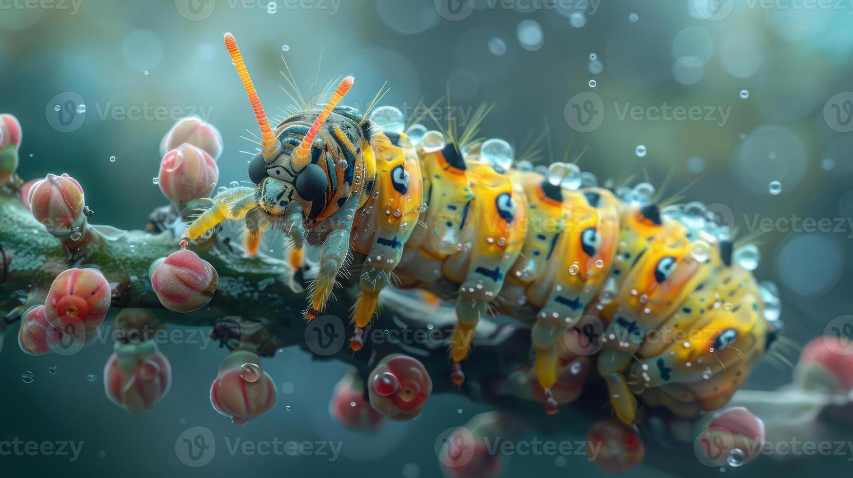 A close-up photo of a brightly colored yellow and black ladybug resting on a tree branch with red be