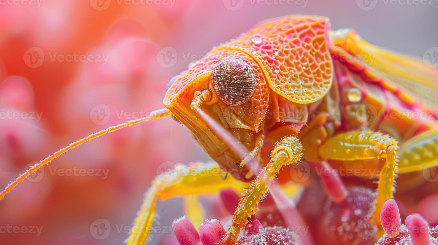 High-resolution image of a vibrant orange and yellow ladybird perched on top of pink flowers. photo
