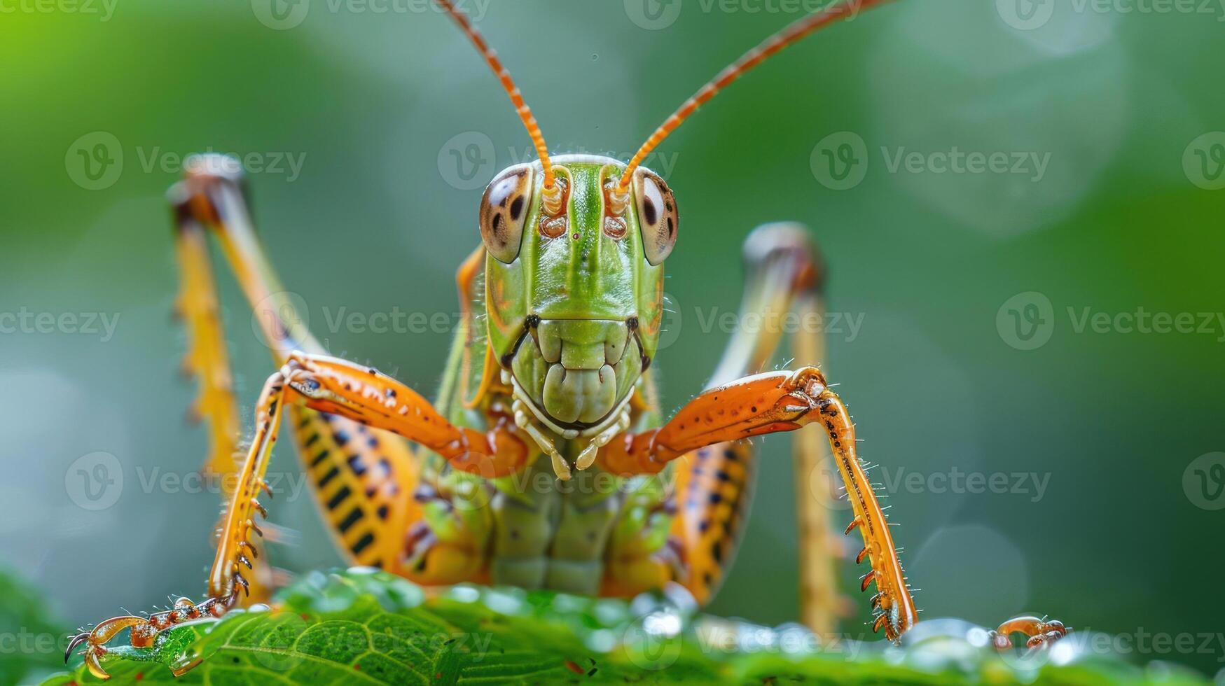 A close-up photograph of a colorful insect, likely a beetle or grasshopper, photo