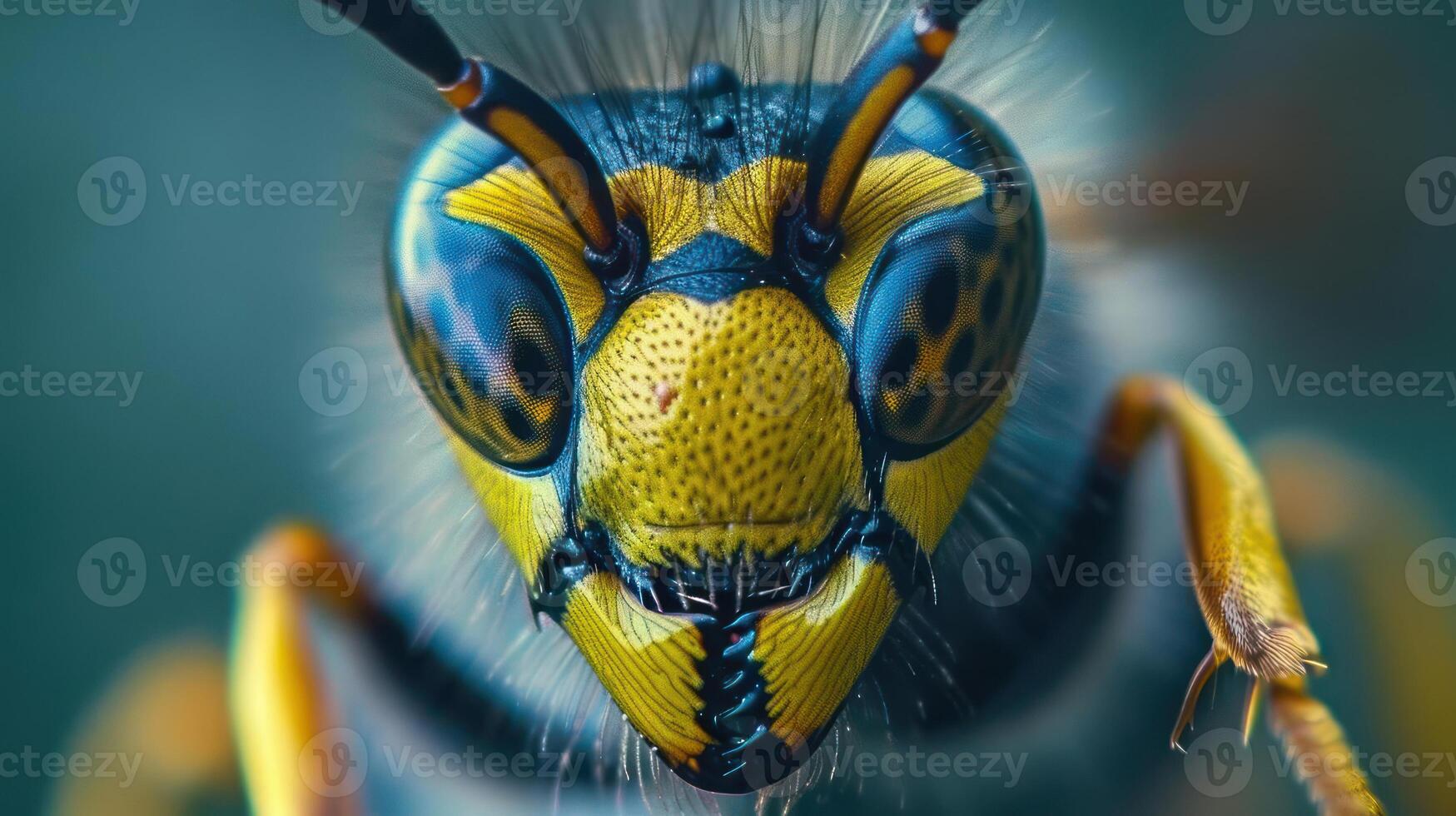 A yellow and black bee in focus with its eyes open. The bee's head is sharply in focus. photo