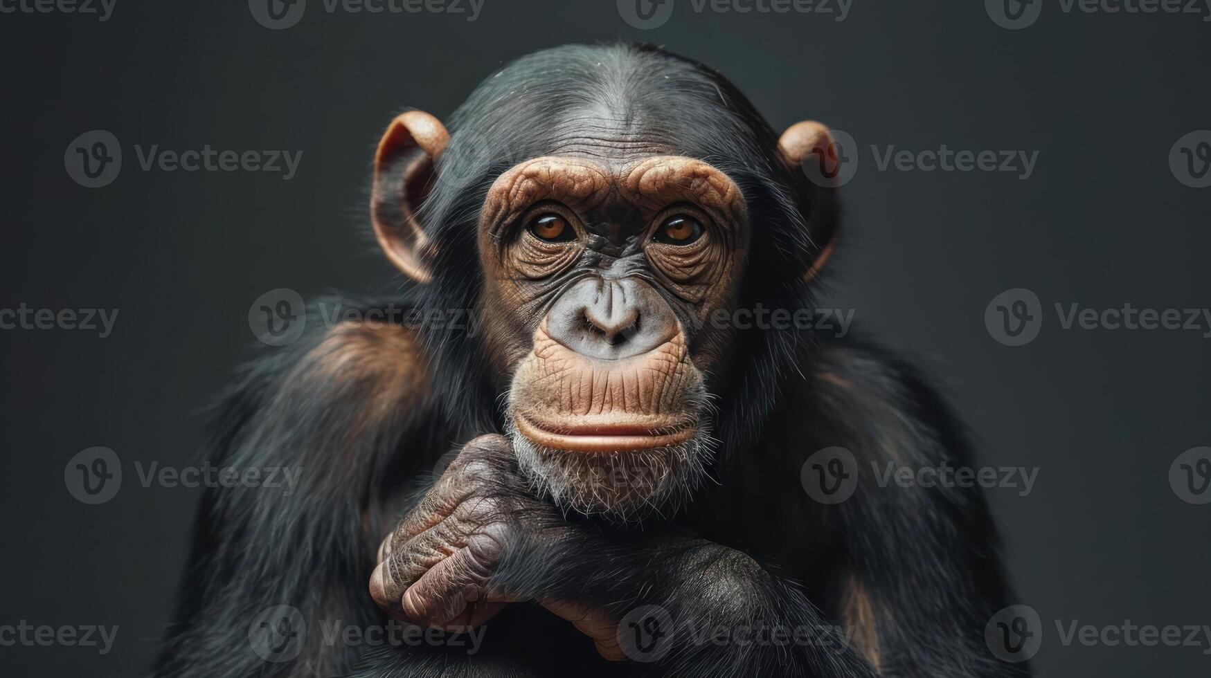 A close-up image of a monkey with its hand on the cheek and looking directly into the camera. photo