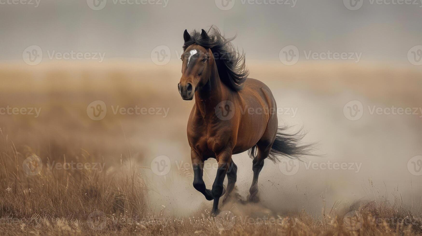 A running horse galloping through an open prairie, photo
