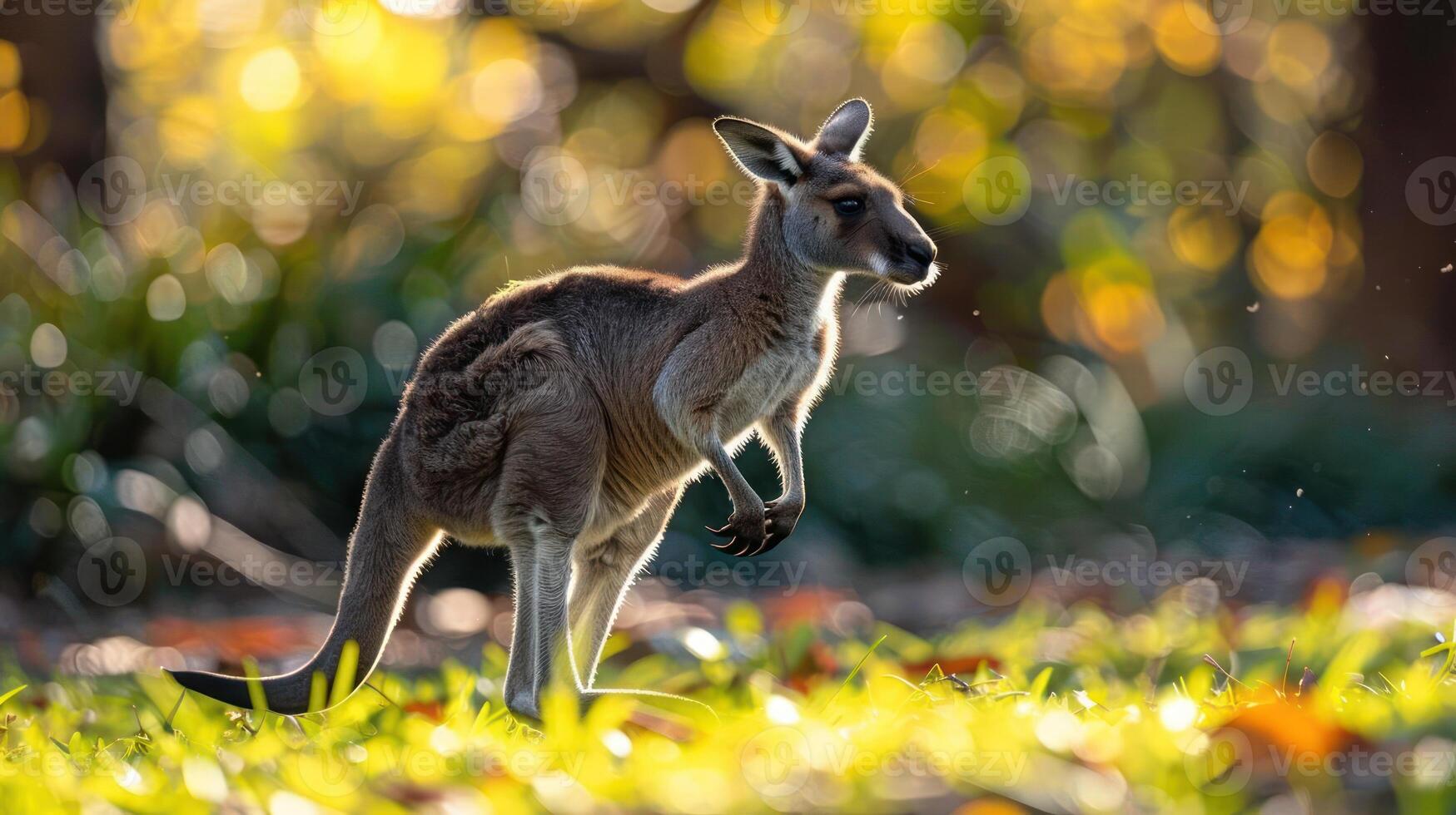 An image of a kangaroo running and hopping towards the camera through a grassy area with autumn leav photo