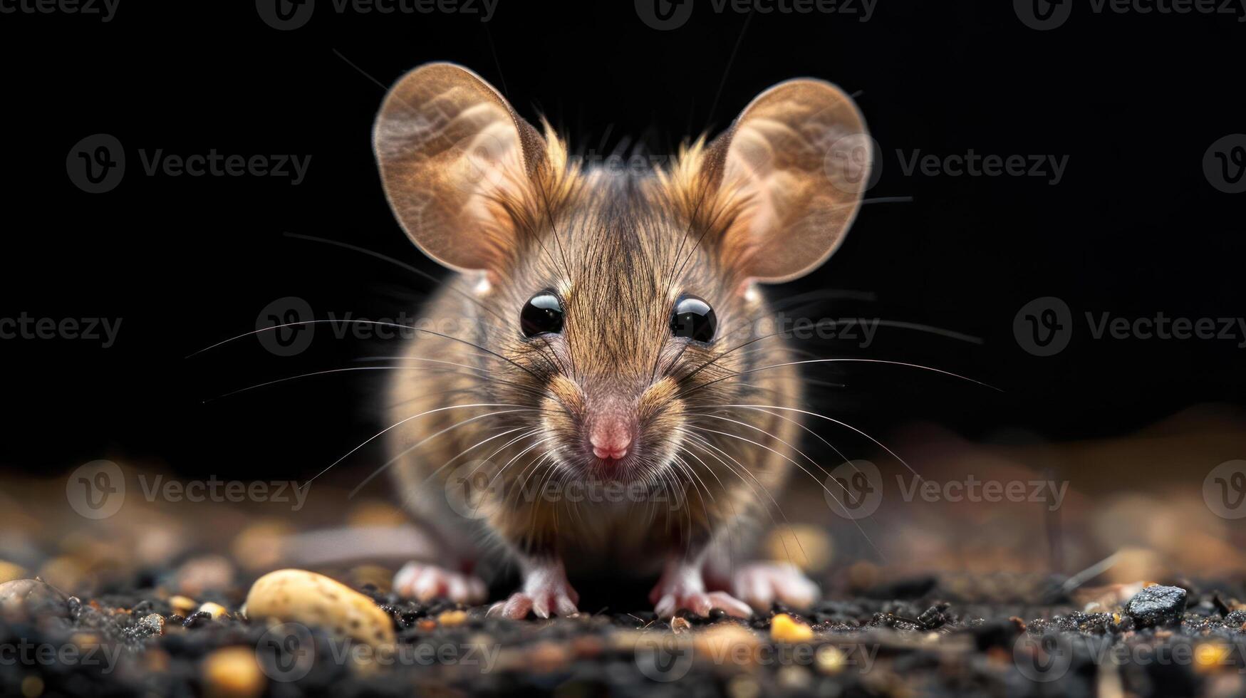 An adorable gerbil peeks out from the rocky ground, displaying its tiny ears and inquisitive eyes. photo