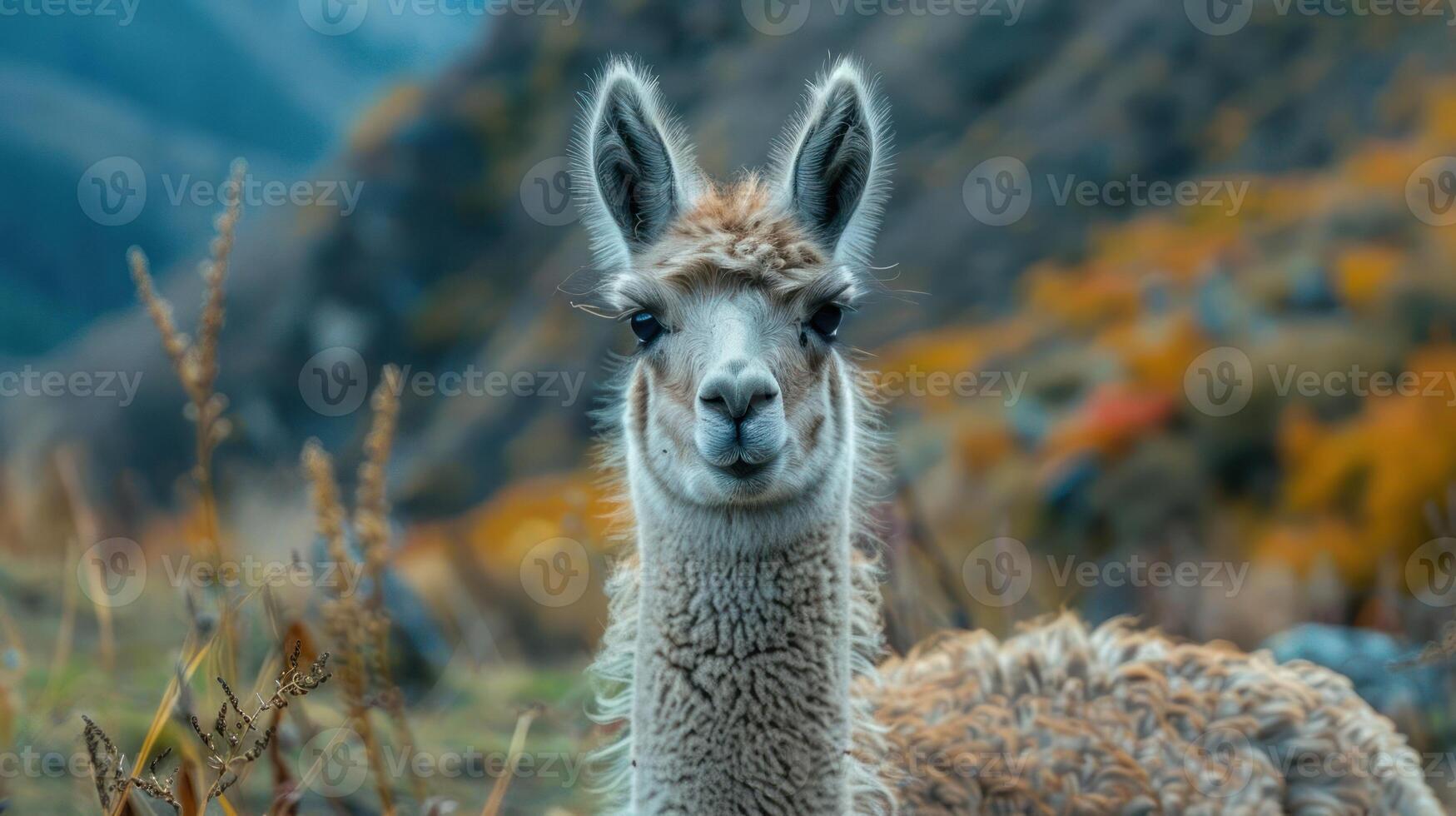 A curious alpaca looking over its shoulder at the camera with a majestic mountain range in the backg photo