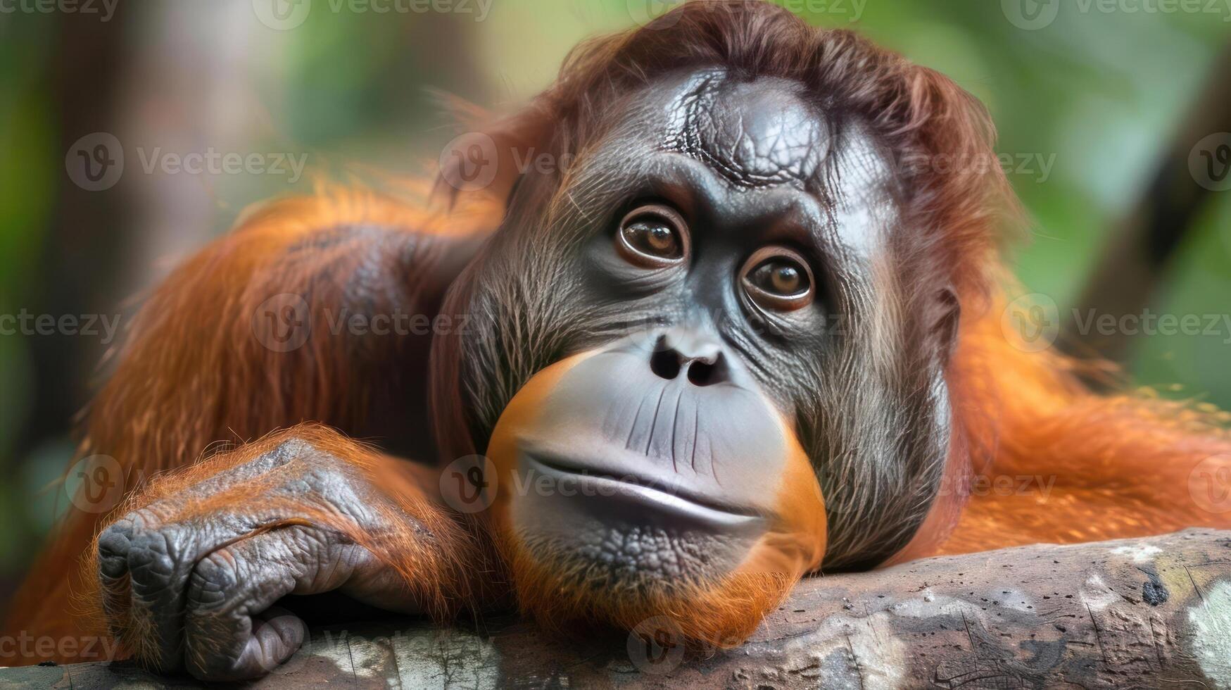 an image of a cute orangutan sitting on rocks and looking at the camera with a relaxed expression. photo
