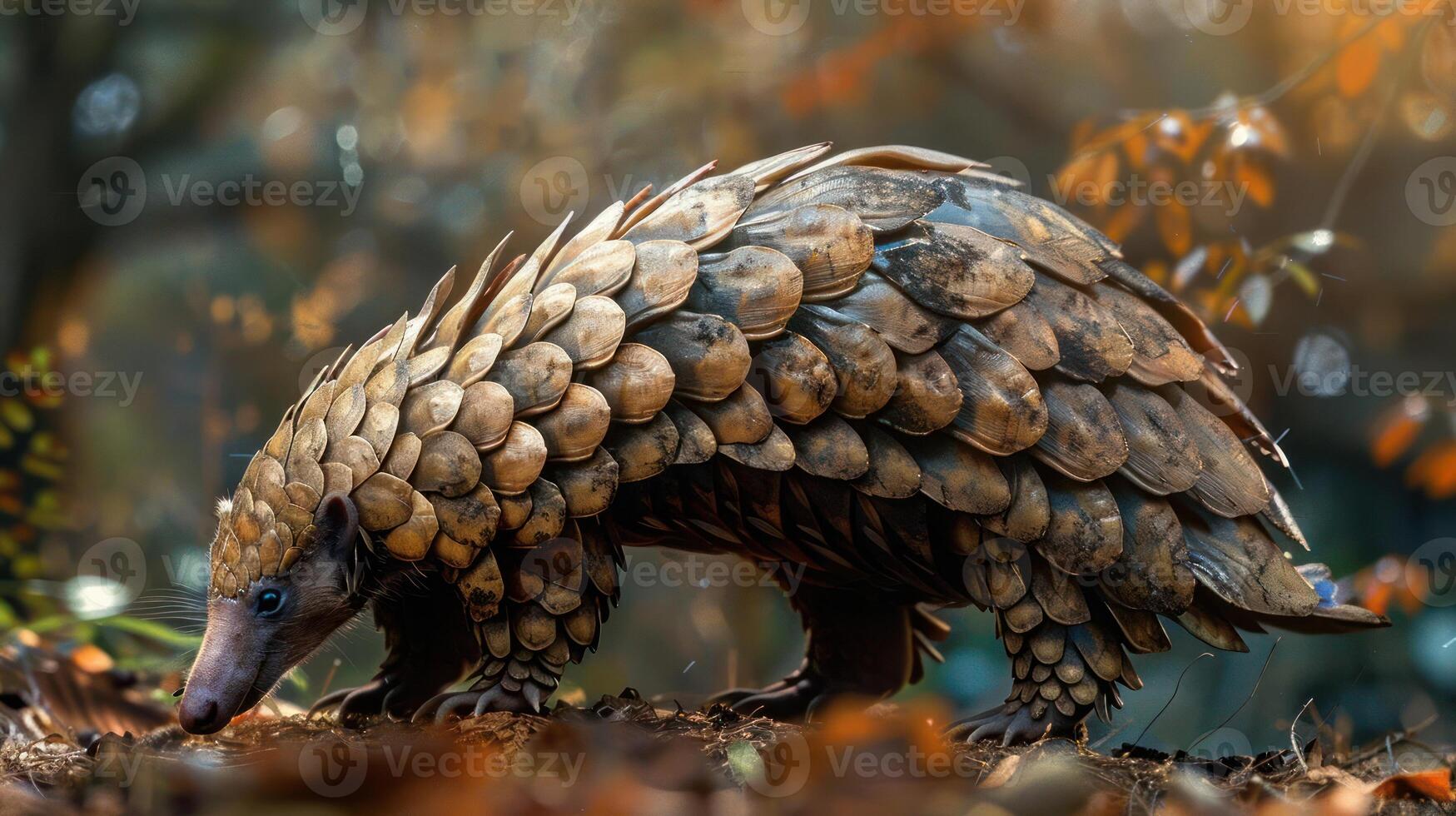 A pangolin is standing amidst fallen leaves, photo